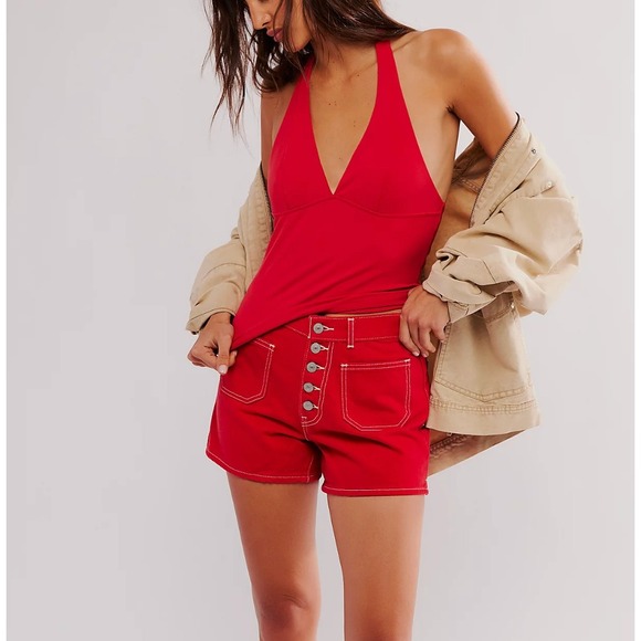 Free People Tops - NWT Free People Halter Top‎ Plunging Neckline Open Back Sleeveless Red Size S